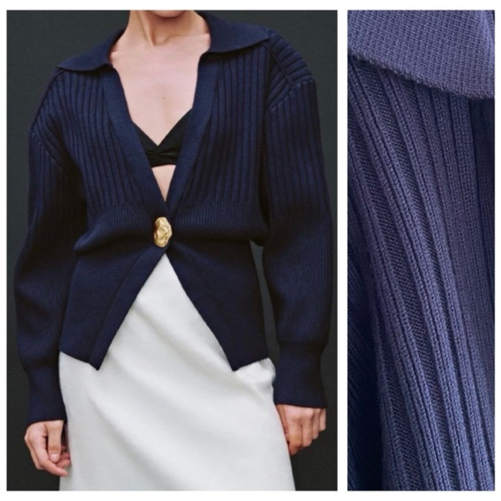 Urban Revivo Navy Blue Ribbed Collared Metal Button Cardigan Sweater XXL